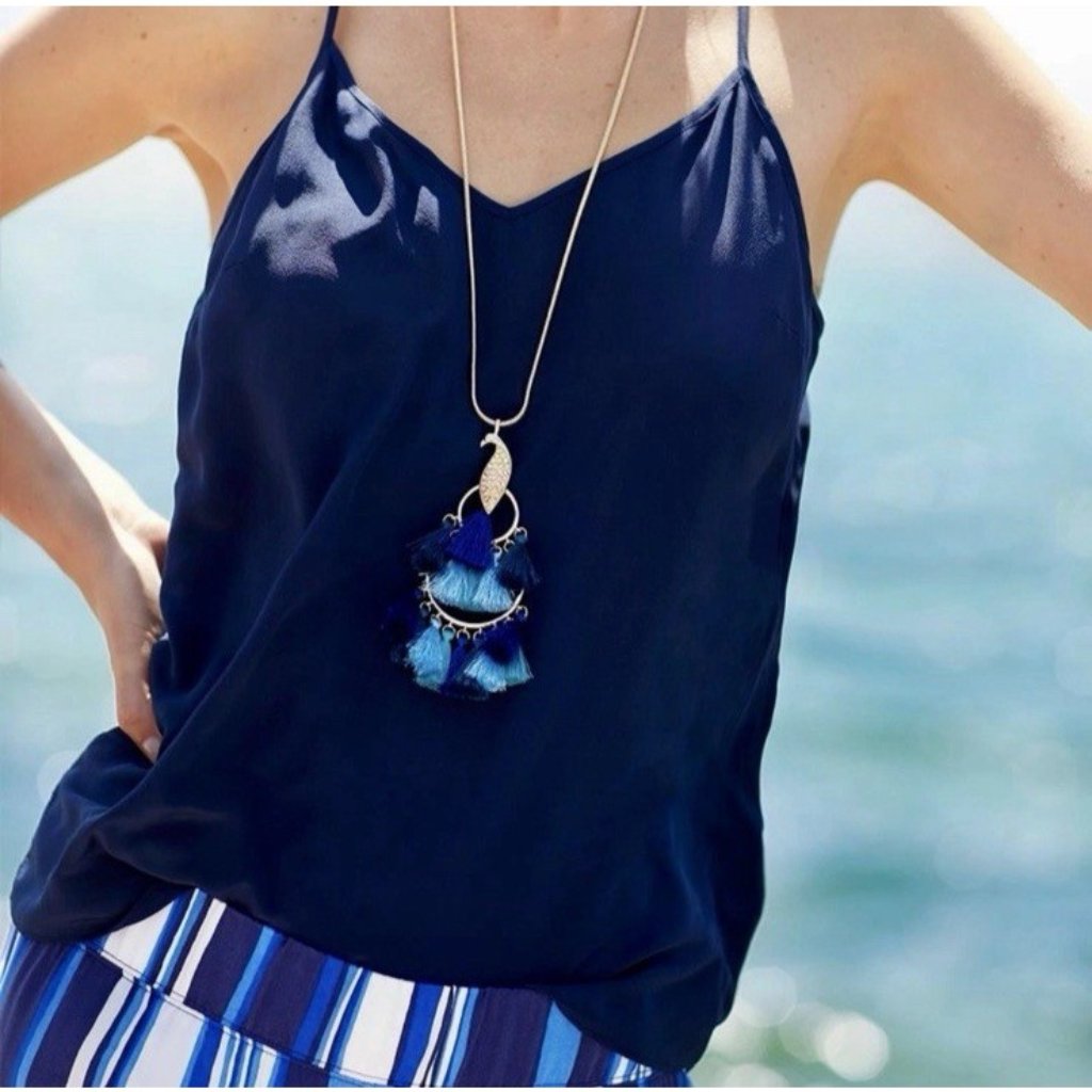 Lilly Pulitzer Goldtone Peacock Blue Tassel Statement Necklace New 70$